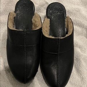 UGG Black Leather Slippers with Shearling Lining